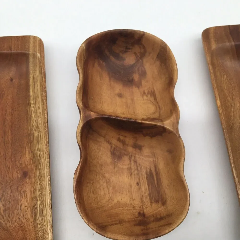Vtg MCM 3 Hawaiian Kamani Carved Exotic Oblong Wood Bowls Scalloped 9” Divided